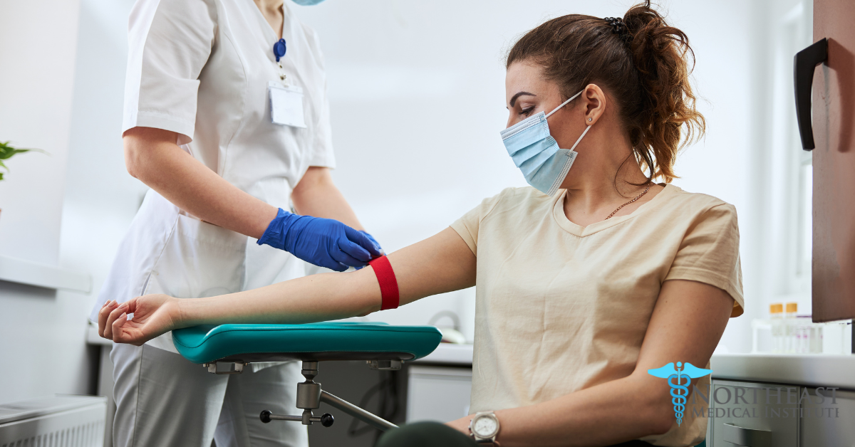 Illustration of a phlebotomy technician collecting blood from a patient
